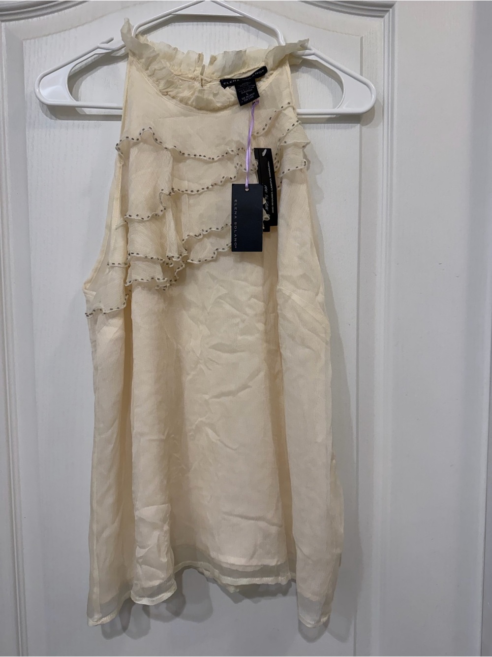 Elena Solano 100% Silk Blouse L Ivory Hand Beaded Ruffle Sleeveless NWT
